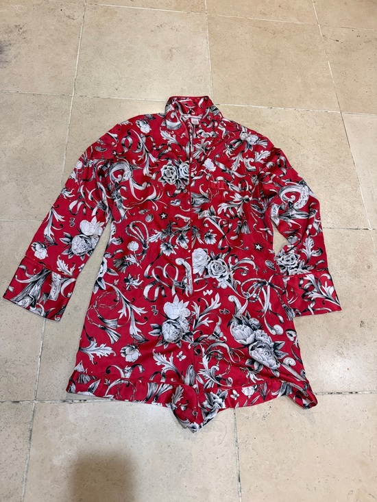 Victoria's Secret Other - Victoria's Secret Red Floral Satin Romper with Black & White Print